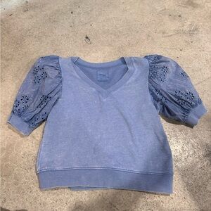 Kensie Blue V-Neck Sweatshirt with Eyelet Sleeves